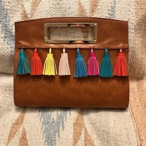 Chic Brown Clutch with Multicolor Tassels